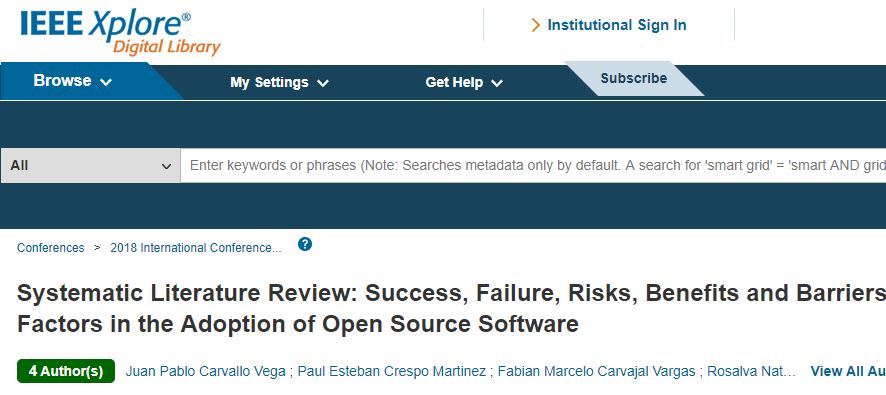 Artículo: Systematic Literature Review: Success, Failure, Risks, Benefits and Barriers Factors in the Adoption of Open Source Software